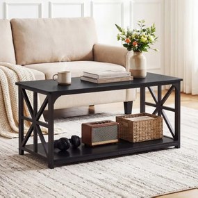 Mesa de centro de estilo industrial 109 x 50 x 48 cm, 2 níveis, prateleira aberta, estrutura metálica, para sala de estar, preta