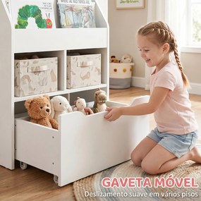Estante de Madeira para Brinquedos com 3 Compartimentos 2 Cubos e Gaveta Móvel com 4 Rodas Estante para Livros Infantil para Dormitório Infantil Sala