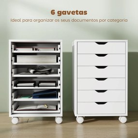 Bloco de Gavetas Móvel Arquivador com 6 Gavetas Suporte para Impressora com Rodas 40x35x63 cm Branco
