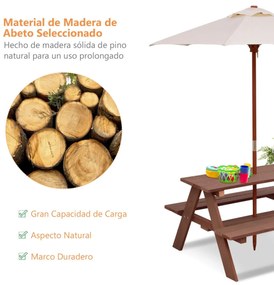 Mesa de piquenique infantil 3 em 1, mesa de atividades com guarda-chuva removível, bancos de madeira para jardim, pátio, casa, acampamento, fácil mont