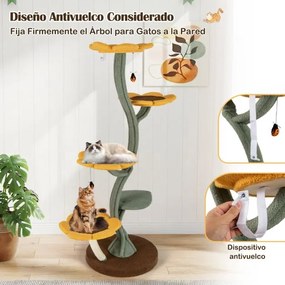 Arranhador para gatos com vários níveis forma girassol com 4 plataformas em forma de flor Postes para arranhar Base amarela