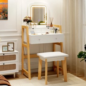Toucador de maquilhagem em madeira com banco e espelho e 3 gavetas, toucador 64 x 41 x 137 cm, branco