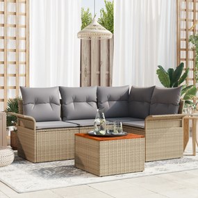 vidaXL Conjunto de Sofá de Jardim de 5 Peças com Almofadas Bege Poliratan Acácia