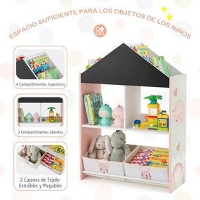Estante em forma de casa para crianças Organizador de brinquedos em madeira com quadro branco 4 compartimentos 2 gavetas Rosa