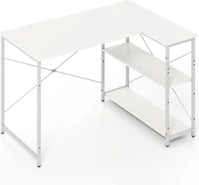 Secretária em forma de L 118 x 86 x 75 cm  com prateleira ajustável e estrutura metálica resistente para escritório Branco