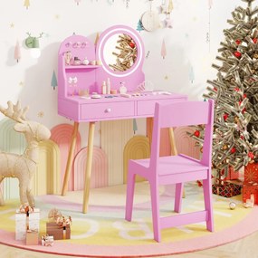 Conjunto de toucador para crianças com espelho iluminado de princesa Rosa