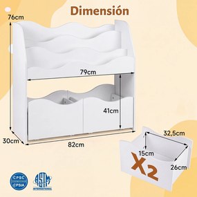 Estante Infantil com Gavetas, 82 x 30 x 76 cm, Estante de 3 Níveis, Branco