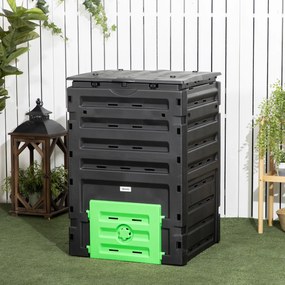 Compostor de jardim de 450 L, caixote de compostagem para jardim, 80 aberturas de ventilação e 2 portas de correr, 69 x 71 x 103 cm, preto