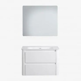 Conjunto De Móvel De Casa De Banho Suspenso 80x50 Cm Em Madeira Com Lavatório Integrado Egerton Branco & Led Retangular E Anti-embaciamento - Sklum