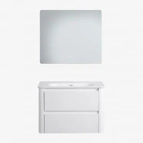 Conjunto De Móvel De Casa De Banho Suspenso Em Madeira Com Lavatório Integrado Egerton Branco & Led Retangular E Anti-embaciamento 80x70 Cm - Sklum