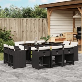 11 pcs conjunto de jantar p/ jardim c/ almofadões vime PE preto