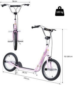 Trotinete para Crianças acima de 5 anos Scooter de 2 Rodas Grandes Insufláveis de 16 Polegadas com Freios e Guidão Ajustável em Altura 143x58x92-100cm