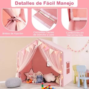 Tenda infantil com 2 cortinas de tecido e rede, luzes de estrelas, 2 janelas respiráveis e almofada de algodão rosa