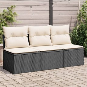 vidaXL Sofá de jardim 3 lugares com almofadões vime PE preto