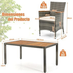 Conjunto de jantar Jardim de 7 peças Rattan PE Conjunto de móveis de rattan com mesa retangular de madeira 6 cadeiras almofadas para pátio jardim terr