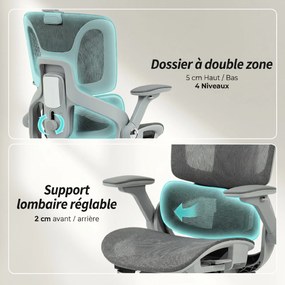 Cadeira de escritório ergonómica com braços 4D, apoio para a cabeça e profundidade do assento ajustáveis, em malha cinzenta