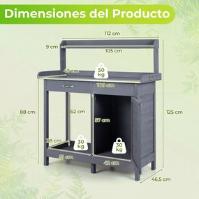 Mesa de Jardinagem, 112 x 46,5 x 125 cm, Tampo em Aço Inoxidável, Cinzento