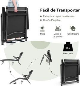 Conjunto de 2 Espreguiçadeiras de Exterior Reclináveis, 140,5 x 65 x 94 cm, 8 Posições Ajustáveis, Cinzento