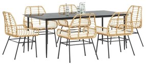 Conjunto jantar jardim 7 peças almofadas vidro vime PE castanho