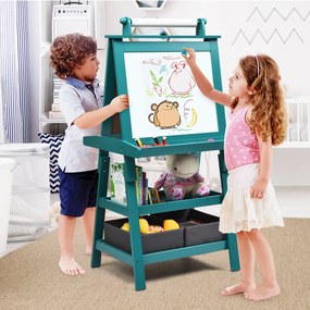 Cavalete infantil de dupla face 3 em 1 com 2 prateleiras 2 caixas e tabuleiro grande 59 x 50 x 117 cm Azul