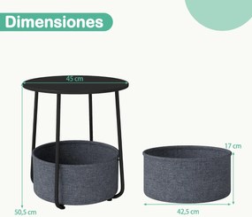 Mesa apoio, Mesa de cabeceira redonda 45 x 45 x 50,5 cm de 2 níveis com cesto de armazenamento em tecido pequena moderna Preta