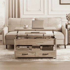 Mesa de centro com altura ajustável 50 x 100 x 49,1 cm/64,1 cm, gavetas e compartimentos castanho camelo