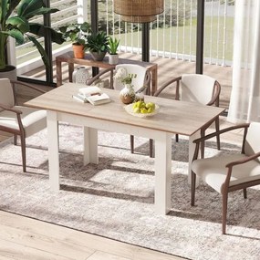 Mesa de jantar extensível moderna 158 x 70 x 76 cm (BANCOS NÃO INCLUIDOS) com pernas em L e superfície ajustável  110 kg  Branca e natural