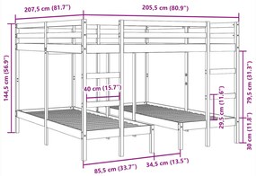 Beliche triplo 200x200/80x200 cm madeira de pinho maciça branco