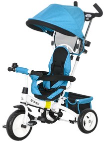 Triciclo Evolutivo para Bebés de +12 Meses 2 em 1 com Toldo Dobrável Guiador Cinto de Segurança e Cesto 95x50x106 cm Azul