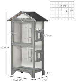 Gaiola para Pássaros de Madeira com 3 Portas 4 Poleiros Bandeja Amovível e Teto Asfáltico 80,5x57x153 cm Cinza Claro