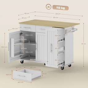 Ilha, Carrinho de Cozinha com Rodas Bancada Dobrável 2 Portas com Fecho Suave e Bandeja Extraível  129x65x91 cm Branco
