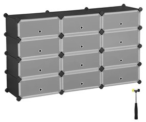 Armário sapateira de plástico arrumação 12 compartimentos preto, portas semi-transparentes