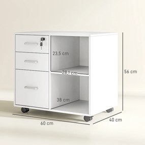Suporte para impressora com 3 gavetas com fechadura, móvel de arrumação com rodas, prateleiras abertas, 60 x 40 x 56 cm, branco