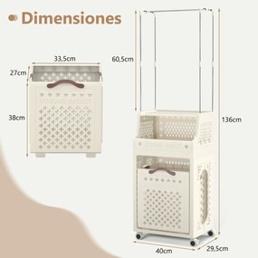 Cesto de roupa suja 40 x 29,5 x 136 cm com rodas e cabide dobrável de plástico multicamadas com cabide bege
