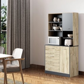Aparador de cozinha com armário de cozinha com vários compartimentos: 2 portas, 3 gavetas, 3 prateleiras + tabuleiro grande; 90 x 39 x 169 cm; bicolor