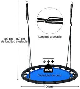 Baloiço Infantil Crianças redondo 100 cm com Altura ajustável 100-160 cm para Jardim e Árvores e Azul