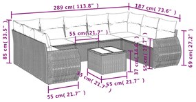 10 pcs conj. sofás jardim com almofadões vime PE cinzento-claro