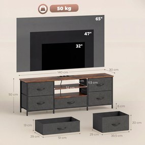 Móvel para televisão 140 x 30 x 50 cm, móvel para televisão de 65 polegadas, estação de carregamento, 5 gavetas em tecido, prateleiras abertas, castan