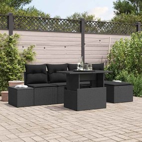 vidaXL Conjunto de Sofá de Jardim de 6 Peças com Almofadas Preto Rattan Poliéster
