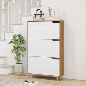 Spateira, Armário para sapatos com 3 portas basculantes e prateleira ajustável, 72 x 24 x 119 cm, em tom natural e branco