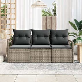Conjunto de Sofá de Jardim de 3 Peças com Almofadas Cinzento Vime PE