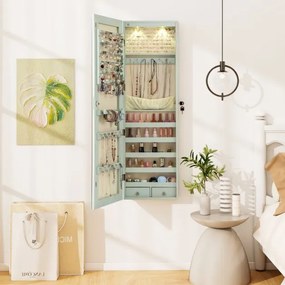 Armário de joias em madeira com espelho de parede e LED interno Organizador de porta ou parede com chave 35,5 x 10 x 120 cm Verde Claro