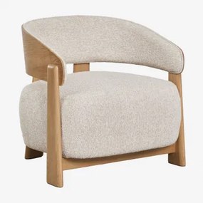 Poltrona Em Madeira De Carvalho Estofada Olea Castanho Roble & Bouclé Bege Creme - Sklum
