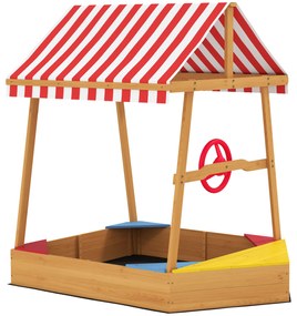 AIYAPLAY Caixa de Areia para Crianças em Forma de Barco com Toldo e Assentos Caixa de Areia para Exterior 133x101x141 cm Madeira