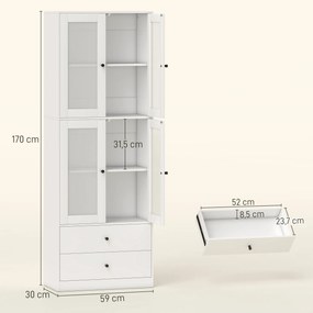 Armário de Cozinha Alto Móvel Auxiliar de Cozinha com 4 Portas de Vidro 2 Gavetas Prateleiras Ajustáveis 59x30x170 cm, Branco