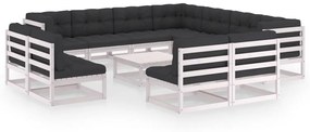 12 pcs conj. lounge de jardim c/ almofadões pinho maciço branco