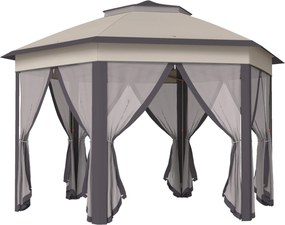 Outsunny Tenda Dobrável 4x3,4 m Hexagonal com Duplo Teto 6 Mosquiteiras Destacáveis e Saco de Transporte Castanho e Bege | Aosom Portugal