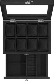 Caixa para relógios com 8 compartimentos e tampa de vidro 19 x 27 x 12,5 cm, na cor Preto