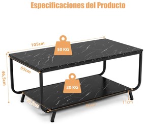 Mesa de centro moderna em mármore falso 105 x 55 x 46,5 cm Preto