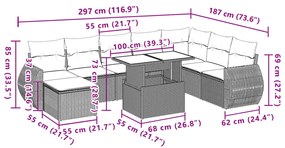 9 pcs conjunto de sofás p/ jardim c/ almofadões vime PE preto